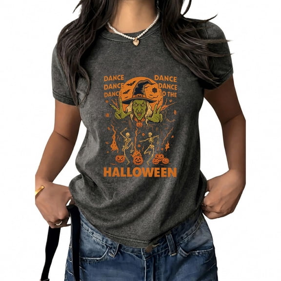 Dance To The Halloween Print T-shirts Skeleton & Pumpkin Graphic Tees Funny Casual Tops Short Sleeve Cotton Acid Washed Shirts Black,L