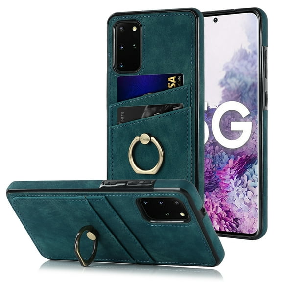 Allytech for Samsung Galaxy S20 Plus 6.7 inch Back Case with Card Slots Finger Ring Holder Drop Protection Retro PU Leather Protective Phone Cover for Samsung Galaxy S20+,Blue