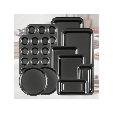 10-Piece Nonstick Bakeware Set, Navy Blue Stackable Baking Pans with Cookie Sheets, Muffin Tin, Roasting Pan and Loaf Pan, Oven Safe Steel