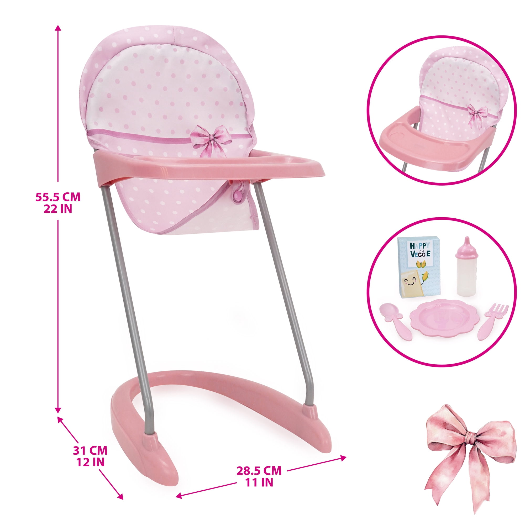 509 Crew: Bow Travel Care n Feed Set & Baby Doll - Pink-White, 9pc On-the-Go Accessories, Highchair-Umbrella Stroller-Play Yard, Roleplay Toy, Kids 3+