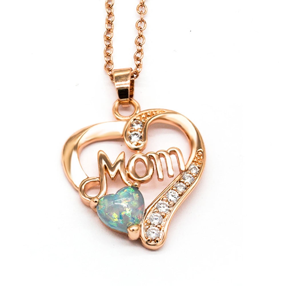 MOM Heart Shaped Artificial Opal Pendant Necklace The Mothers Day Gifts Jewelry 
