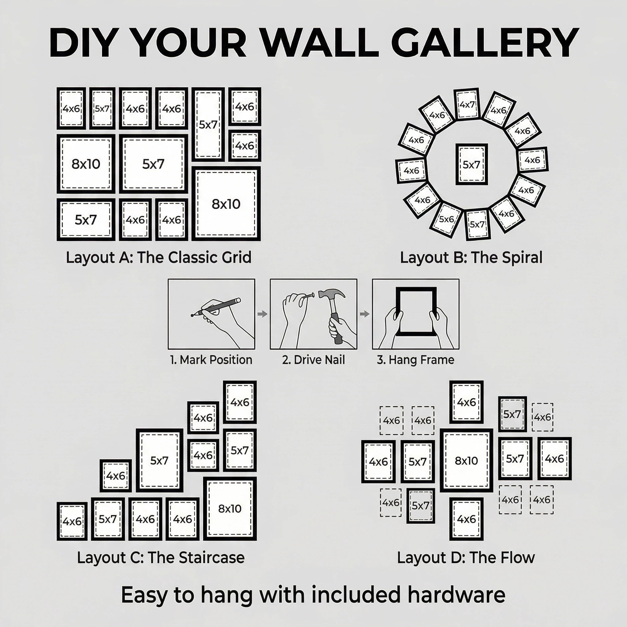 Asoricing 10-piece photo frame set - multi-size combination photo wall - perforated cardstock picture frame - black