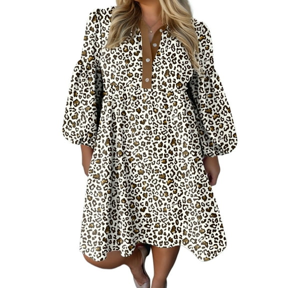 Women's Khaki Leopard Print V-Neck Puff Sleeve Mini Dress – Plus Size Loose Fit for Daily Wear [ZhiHiMeRi] | 1X