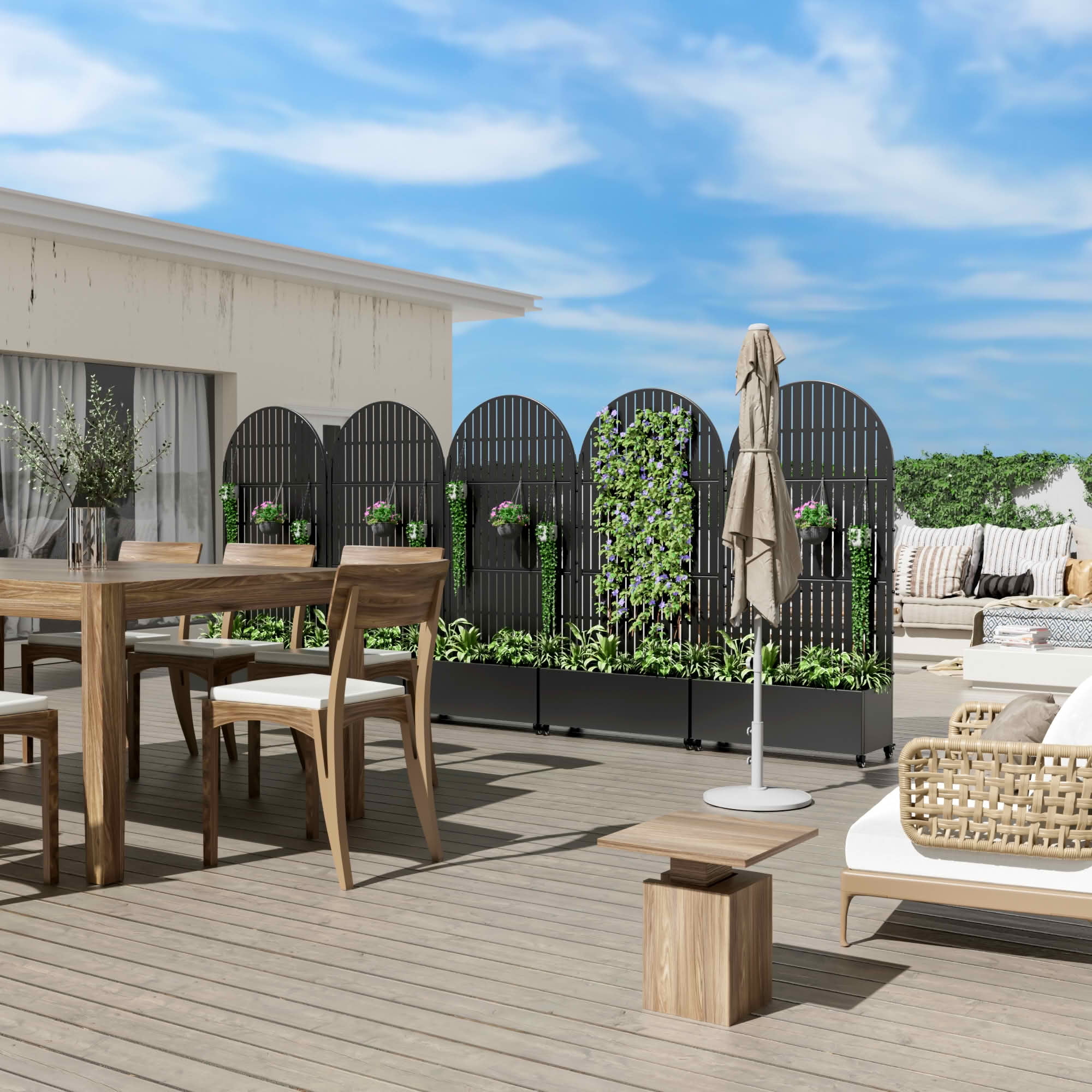 MAYEERTY 72x35 Black Arched Iron Planter Box with Trellis, 3 Piece Set Decorative Garden Screen for Patio and Balcony