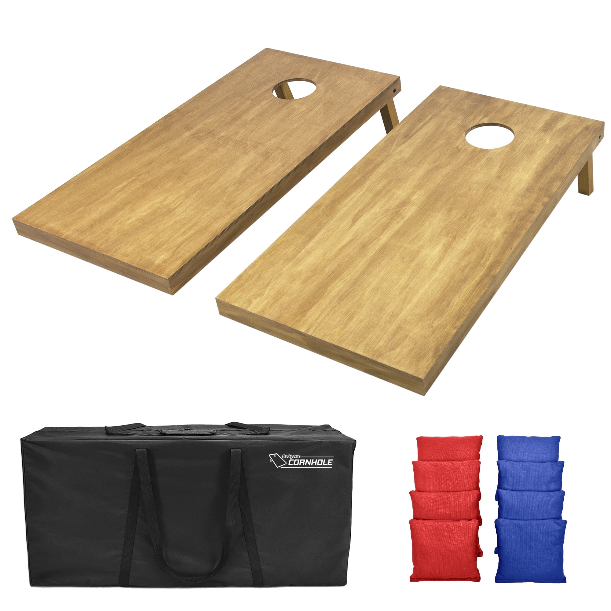 GoSports 4'x2' Regulation Size Wooden Cornhole Set with Light Brown Finish  Includes Carrying Case and Red and Blue Bean Bags Set