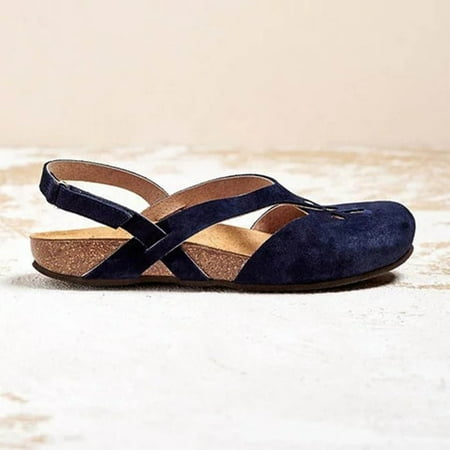

AOOCHASLIY Women Sandal Clearance Round-toe Frosted Suede Flat Solid Color Buckle Backspace Summer Casual Sandals