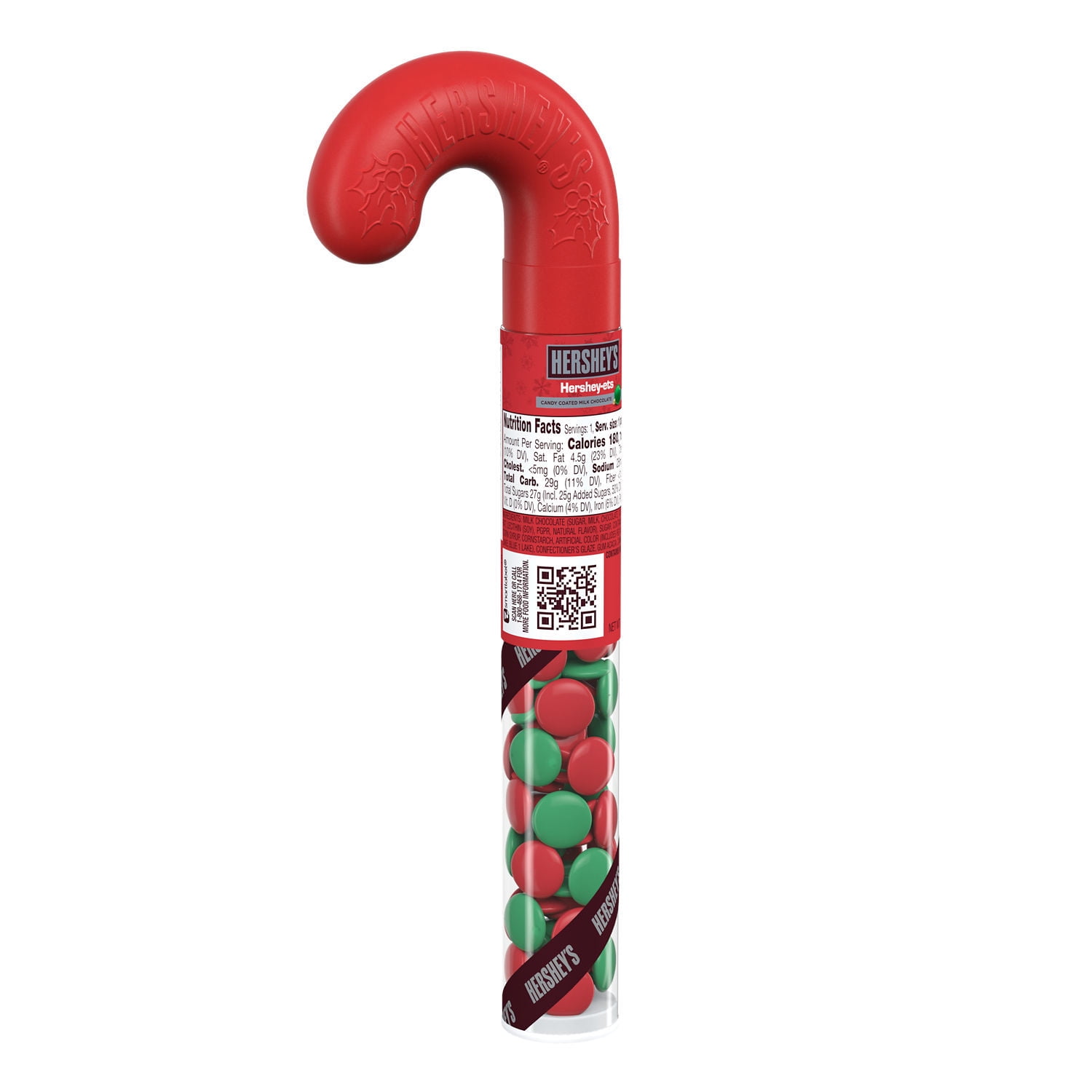 HERSHEY'S, HERSHEY-ETS Candy Coated Milk Chocolate Candy, Christmas, 1.4 oz, Filled Plastic Cane