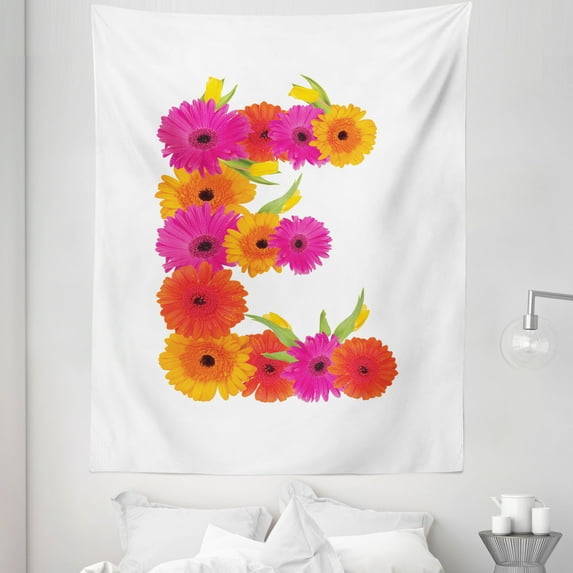 Flower Alphabet Tapestry, Letter E as Big Species of Daisy Gerbera Petals Plain Back, Fabric Wall Hanging Decor for Bedroom Living Room Dorm, 5 Sizes, Marigold Hot Pink and Green, by Ambesonne