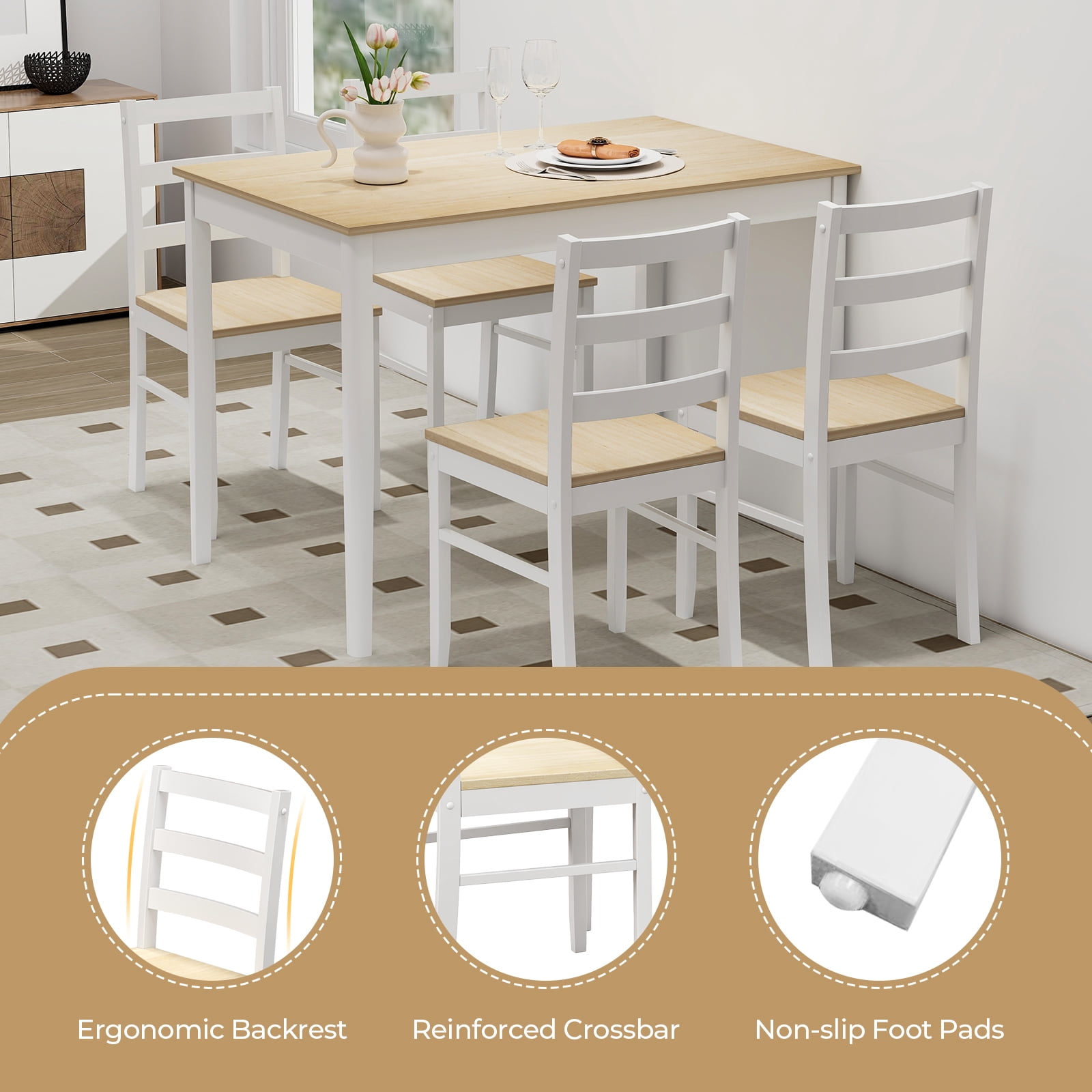 Costway 5 Piece Rubberwood Space Saving Dining Table with Chair Natural