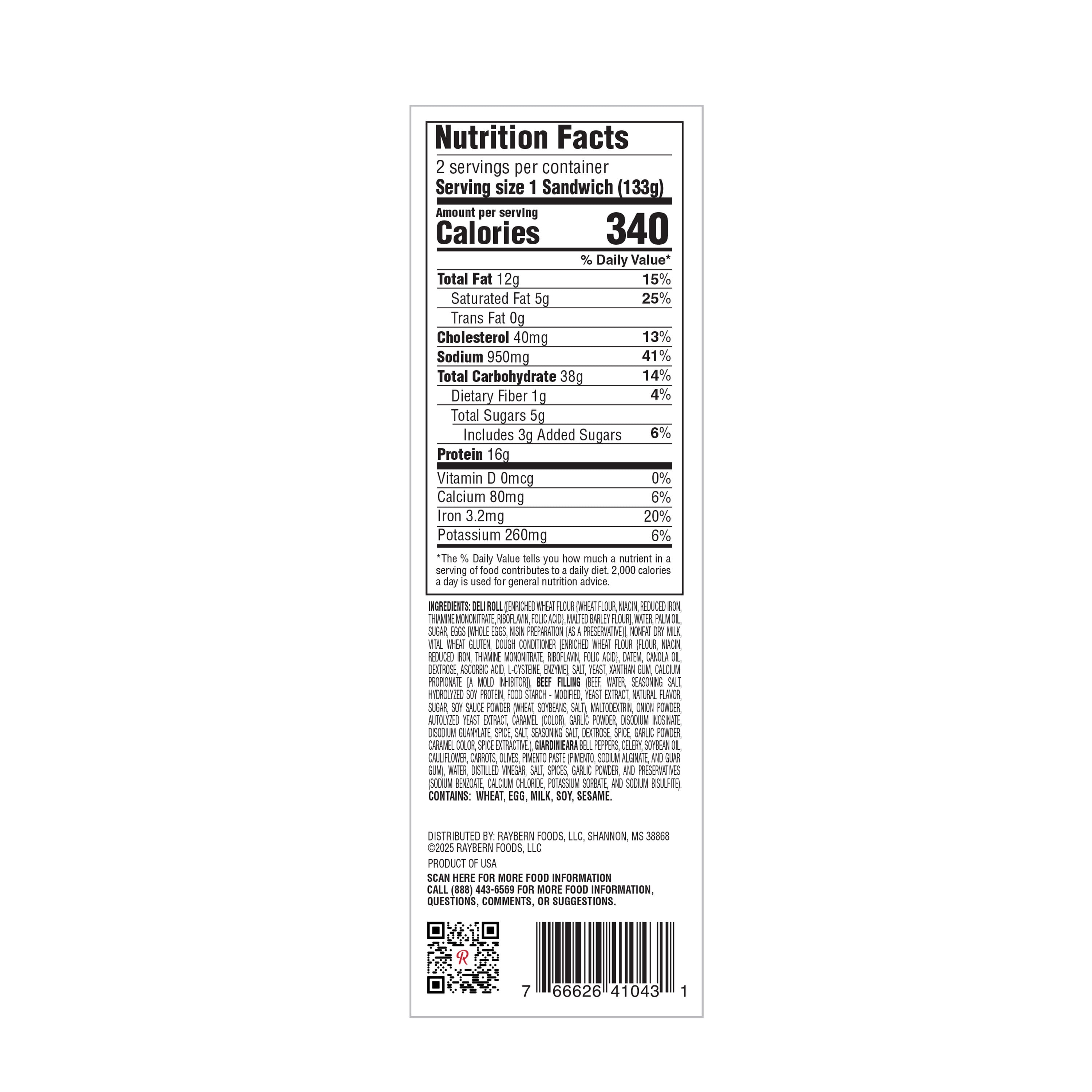 Raybern's Italian Beef Sandwich, 16g Protein,  9.4 oz, 2 Count Box (Frozen)