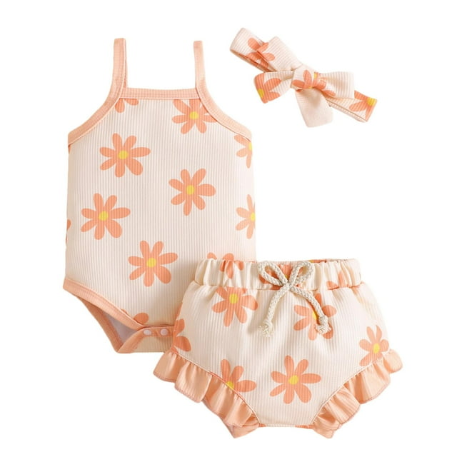 TZEWGL Outfit Sets For Child Fashion Sleeveless Ruffles Ribbed Romper Bodysuit Prints Shorts With Headbands 3Pcs For Kids size 0-3M
