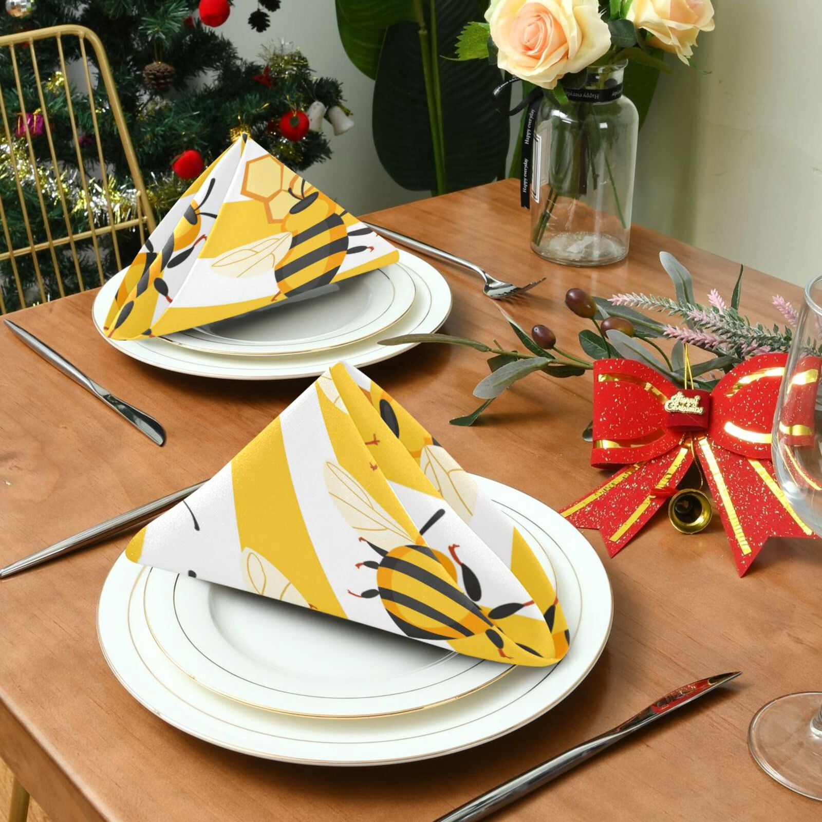 JSTEL Bee Honeycomb Stripe Cloth Napkins Set of 6, 20x20 Inch Washable and Reusable Napkin for Decoupage Dinner Party Everyday Use