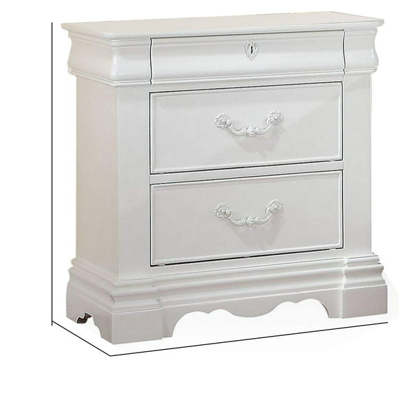 Benzara Three Drawer Nightstand With One Hidden Top Drawer And Scalloped Feet, White