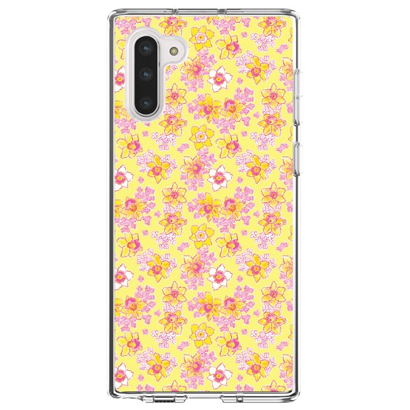 DistinctInk Clear Shockproof Hybrid Case for Samsung Galaxy Note 10 (6.3" Screen) - TPU Bumper, Acrylic Back, Tempered Glass Screen Protector - Preppy Pattern - Pink Yellow White Flowers Floral