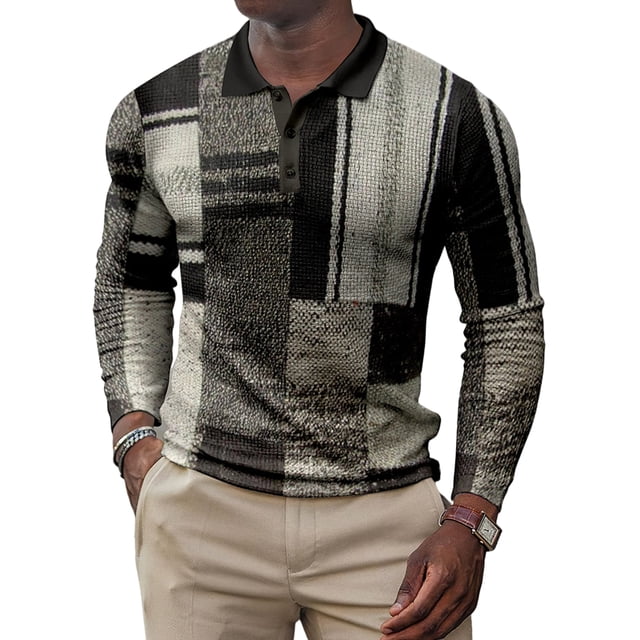 Daeful Tee Polo à Manches Longues Imprimé Géométrique T-Shirts Décontractés pour Hommes Col à Revers Style Automne J L