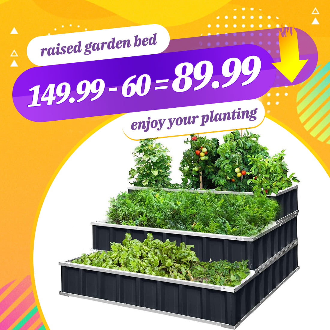 KING BIRD 3 Tiers Raised Garden Bed Dismountable Frame Galvanized Steel Metal Patio Garden Elevated Planter Box 46’’x46’’x23.6’’ for Growing Vegetables Flower Green 