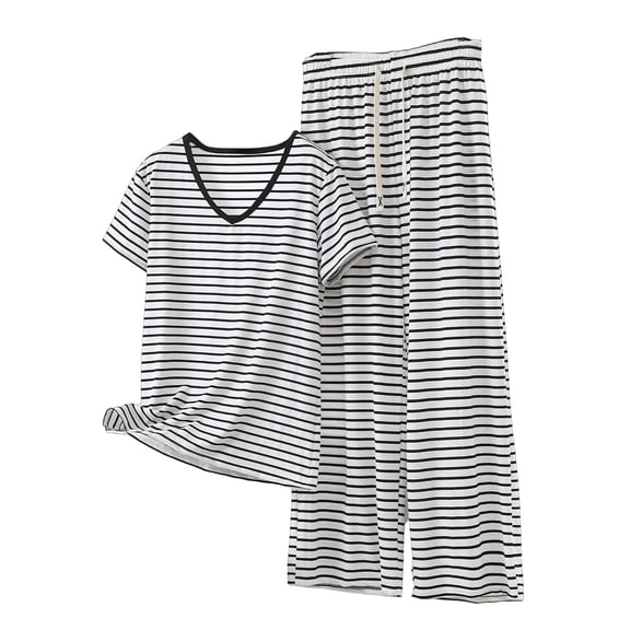 Fsgntruao Plus Size Pajama Set for Women Striped Short Sleeve Tops with Wide-Leg Long Pant Casual Nightwear Sleepwear