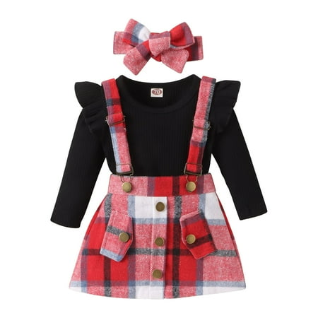 

Gyratedream Infant Baby Girl Clothes Long Sleeve Ruffle Romper Top Jumpsuit Plaid Overall Skirts with Headband Clothes Set