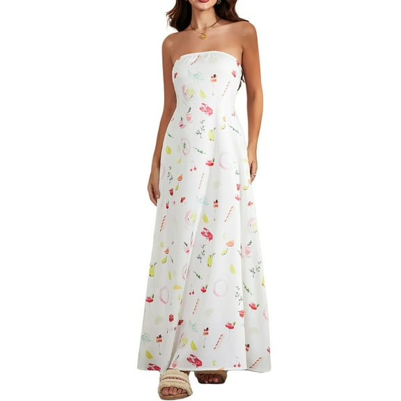 Mevireiy Women Strapless Tube Dress Abstract Printed Flowy Off Shoulder Y2K Beach Bandeau Dresses