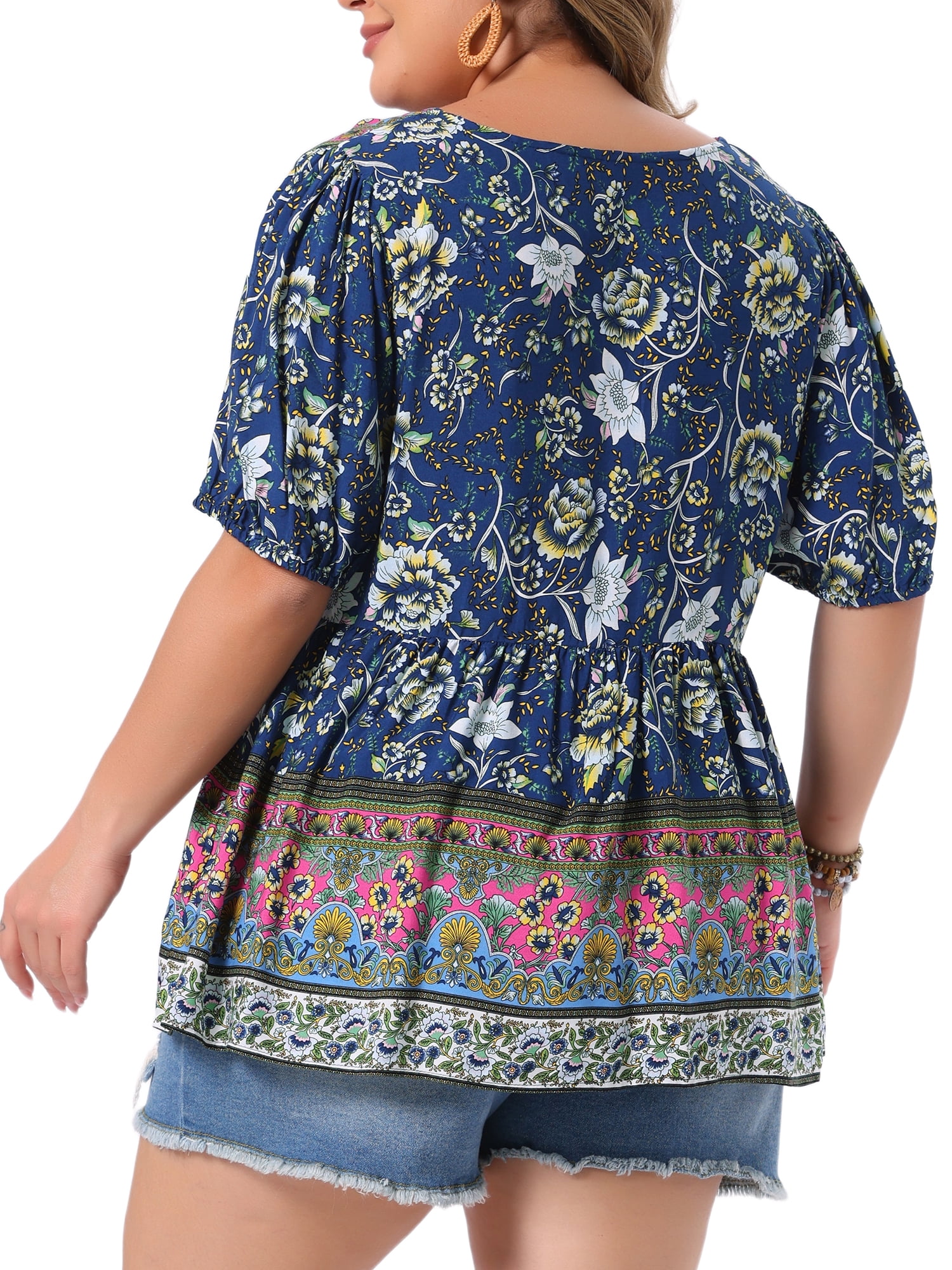 DARING DIVA Women's Plus Soft Boho Floral Print V Neck  Summer Blouses 2X Deep Blue