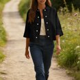 thumbnail image 2 of Women's Solid Color Double Button Short Sleeve Cardigan Shirt Blouse Top Mid Length Loose Fit Lightweight Breathable Spring Summer Casual Fashion | CSEONE,Black XL, 2 of 9
