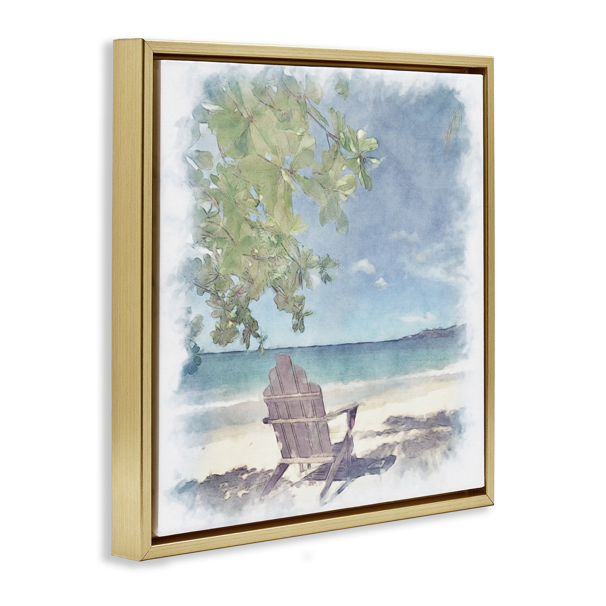 Stupell Industries Lone Chair Beach Shore Landscape & Nature Painting Gold Floater Framed Canvas Art Print Wall Art, 18 x 18