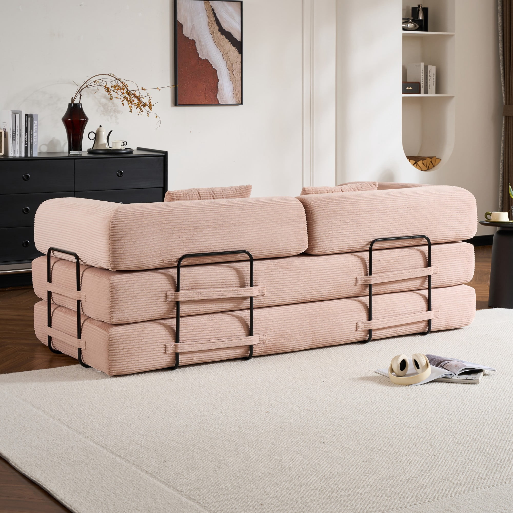 BSHTI 77" Casual Corduroy Convertible Sleeper Sofa Bed with Cylindrical Pillow, No Assembly, Small Space for Living Room（Pink）