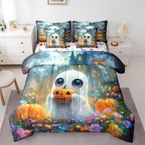 Manfei Cute Ghost Pumpkin Lantern 7 Pieces Bedding Comforter Set,Happy Halloween Full Bedding Set,Colorful Flower Floral Fitted Sheet Flat Sheet For Teens,Ultra Soft Home Decor Reversible