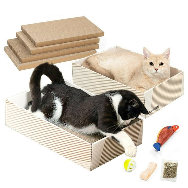 Rascador Para Gatos Con 4 Almohadillas Para Rascar Y 2 Cajas De Cartón Independientes, Rascador De Cartón 2 En 1 Para Que Varios Gatitos Jueguen De Forma Interactiva, Degradado(Juguete De Hierb
