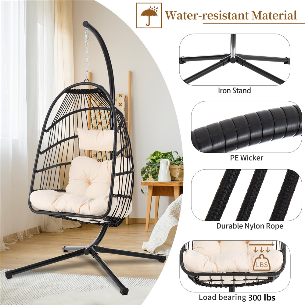 Hanging Chair with Stand, Outdoor Patio Wicker Hanging Egg Chairs, UV Resistant Hammock Chair with Comfortable Beige Cushion, Durable Indoor Swing Chair for Bedroom, Garden, Backyard, 300lbs, L3948 - image 3 of 10