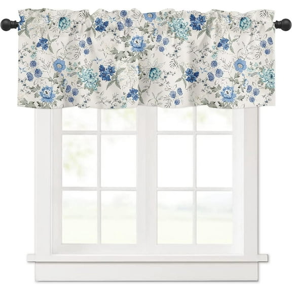 Spring Summer Blue Floral Curtain Valances for Kitchen Window Farmhouse Gray White French Country Rod Pocket Valance Windows Treatments 1 Panel Short Curtains 54x18 Inch for Bedroom Bathroom Decor