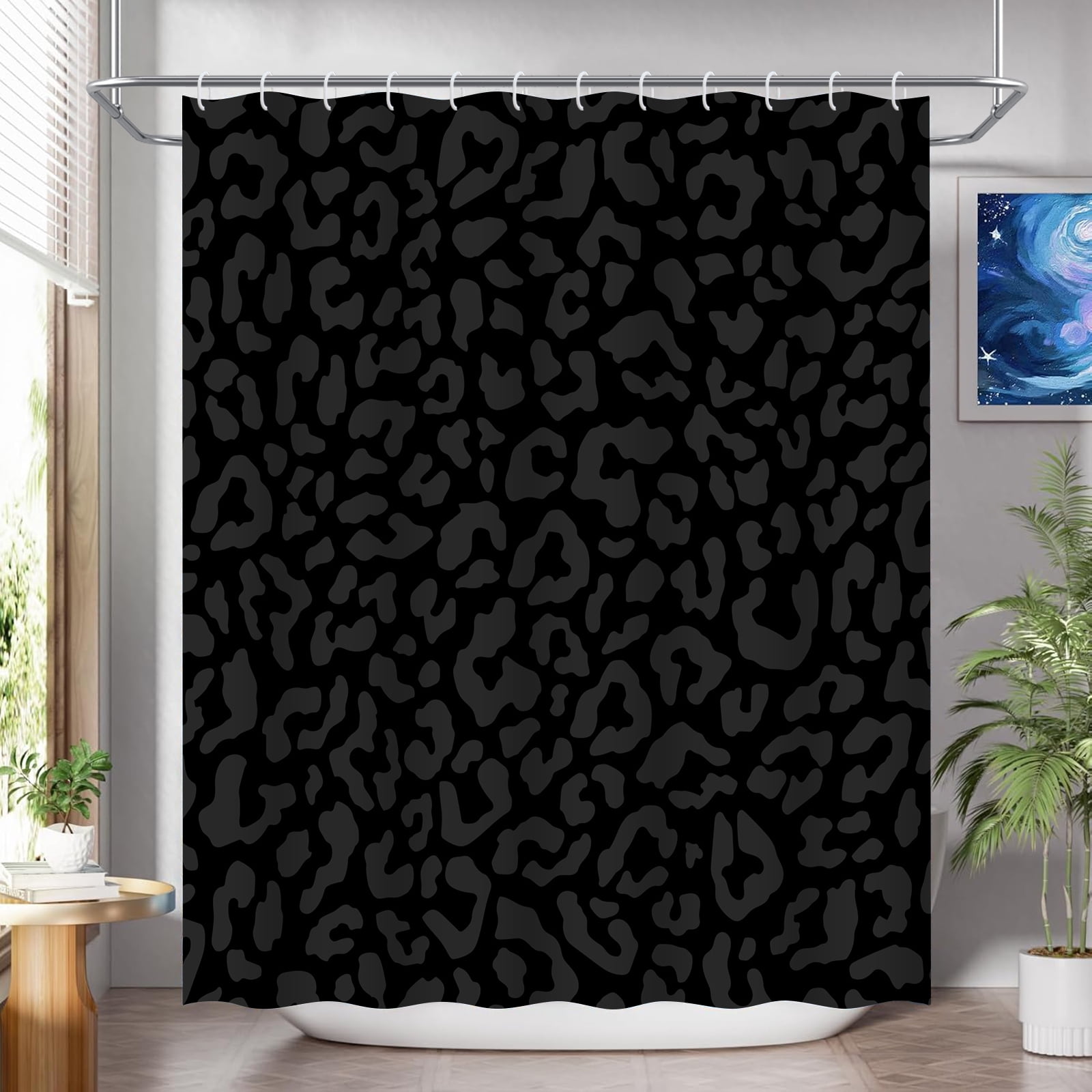 Hadint 4Pcs Black Leopard Print Pattern Shower Curtain Set, Shower Curtain and Rug Set, 12 Pcs Hooks, 71in x 71in