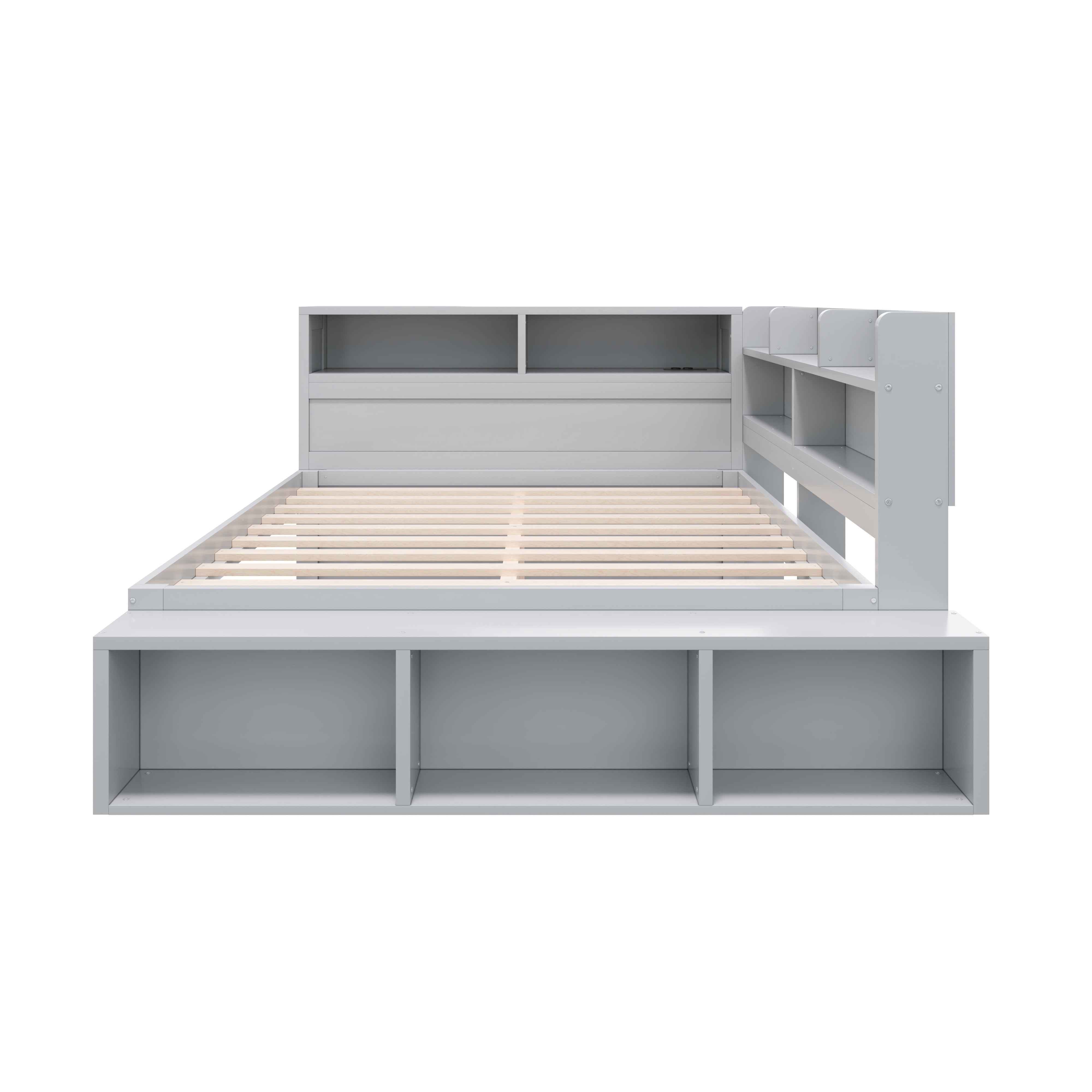 Mintazer Full Size Daybed with Storage Cabinets & Charging Station, Platform Bed Frame with Shoe Rack, Gray