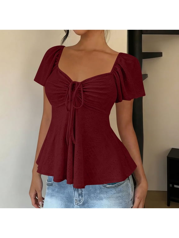 Casual Blouses for Women V-Neck Short Sleeve Shirts Loose Drawstring Tie Front Ruffle Hem Flutter Tees Womens Unique Tops