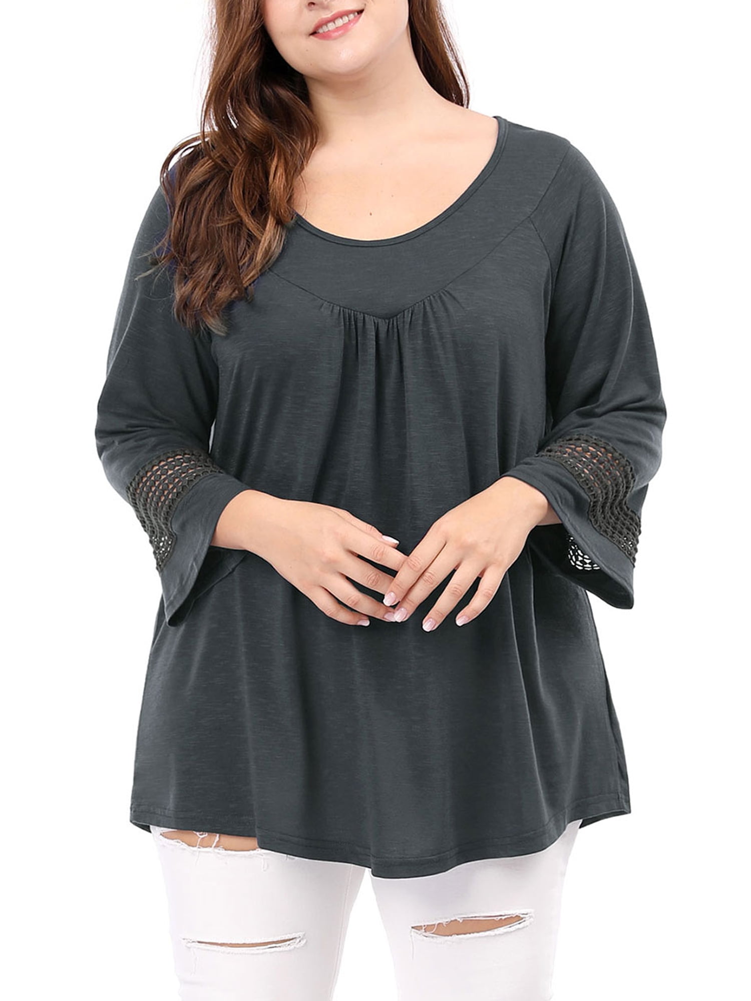 Unique Bargains Juniors' Plus Size Crochet Panel Kimono Raglan Sleeves Ruched Front Top Dark Grey 1X