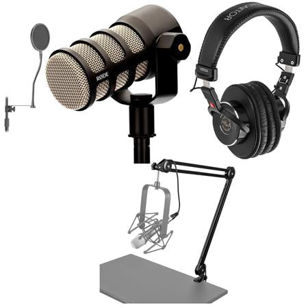 PodMic Dynamic Podcasting Microphone Bundle with H&A Versa Pro Field and Studio  Monitor Headphones, H&A Broadcast Arm with Internal Springs, Pop Blocker -  