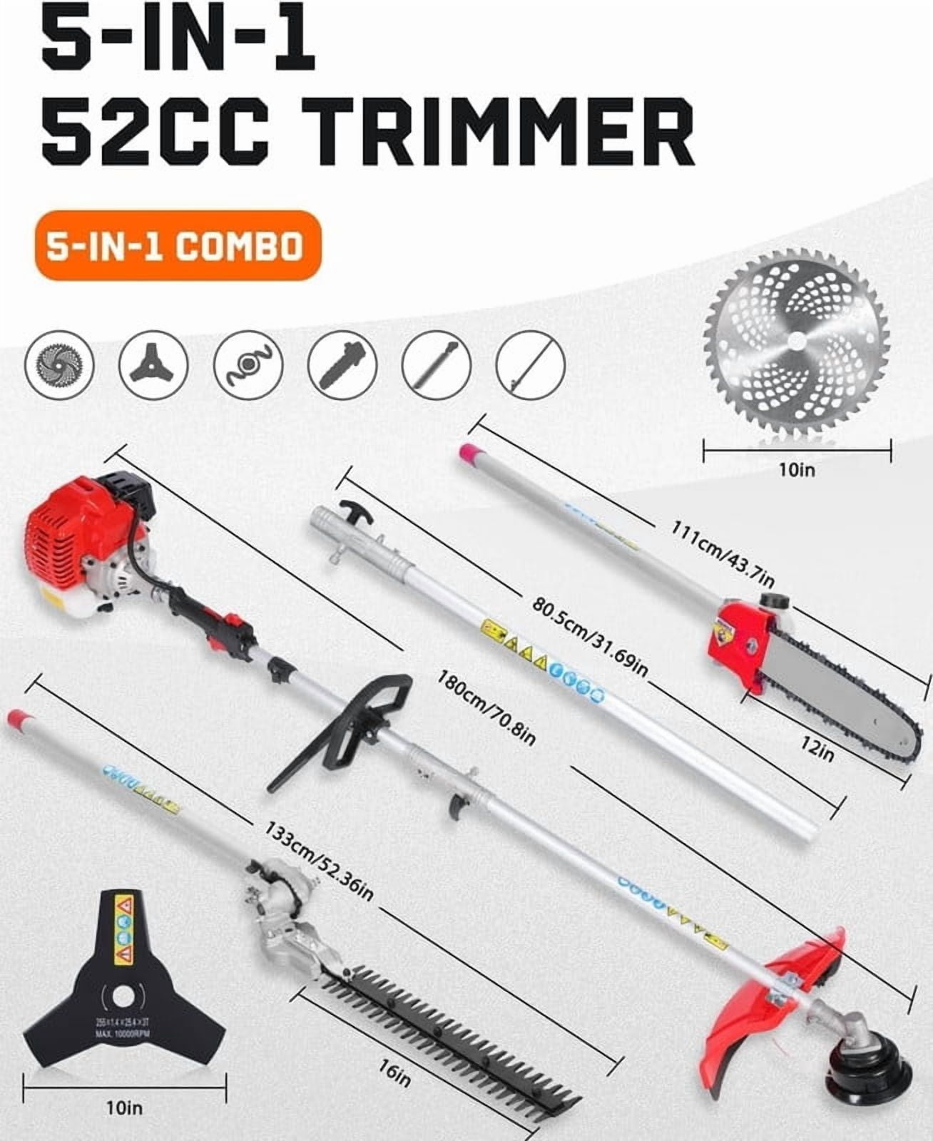 5 in 1 Gas Weed Eater, 52cc 2-Cycle Grass Trimmer & Hedge Trimmer, Brush Cutter, Weed Wacker Gas Powe, Pole Saw with Extension Pole, String Trimmer for Home, Garden, Lawn Care