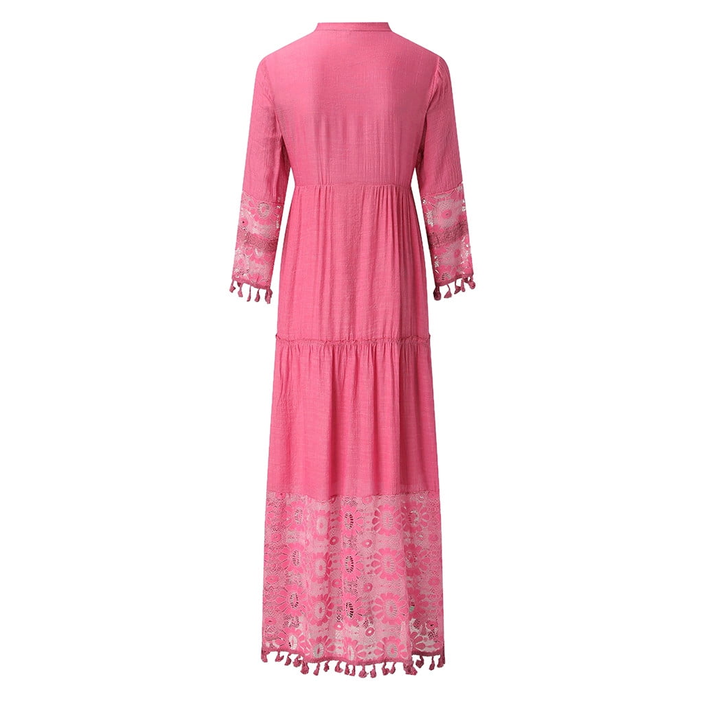 fartey Maxi Dress for Women Bohemian Print V Neck Long Sleeve Plus Size Dress Lace Solid Color Tiered Loose Swing Dress