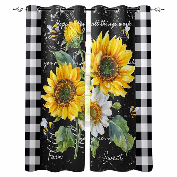 Fsddascl Spring Yellow Flowers Blackout Curtains for Bedroom/Living Room, Thermal Insulated Kitchen Curtains, Check Oil Painting Vintage Grommet Darkening Window Treatment Drapes 52"x63"x2