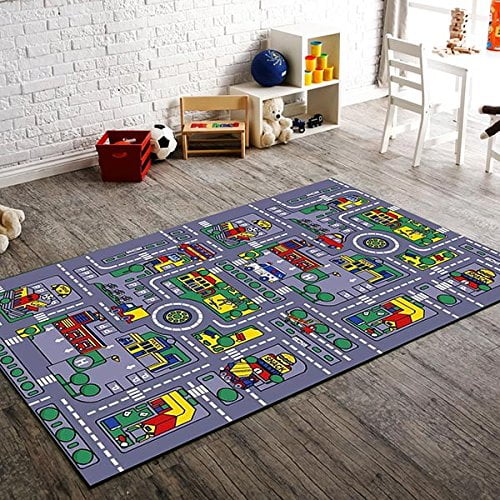 City Map Kids Area Rug 5' X 7' Children Grey Carpet Playroom & Nursery 