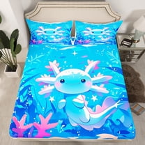 Cartoon Axolotl Bedding Set Bedroom Decor,Cute Salamander Painting Bed Sheets Twin Size,Kawaii Wildlife Animals Reptile Fitted Sheet Blue SeaPlant Sheets