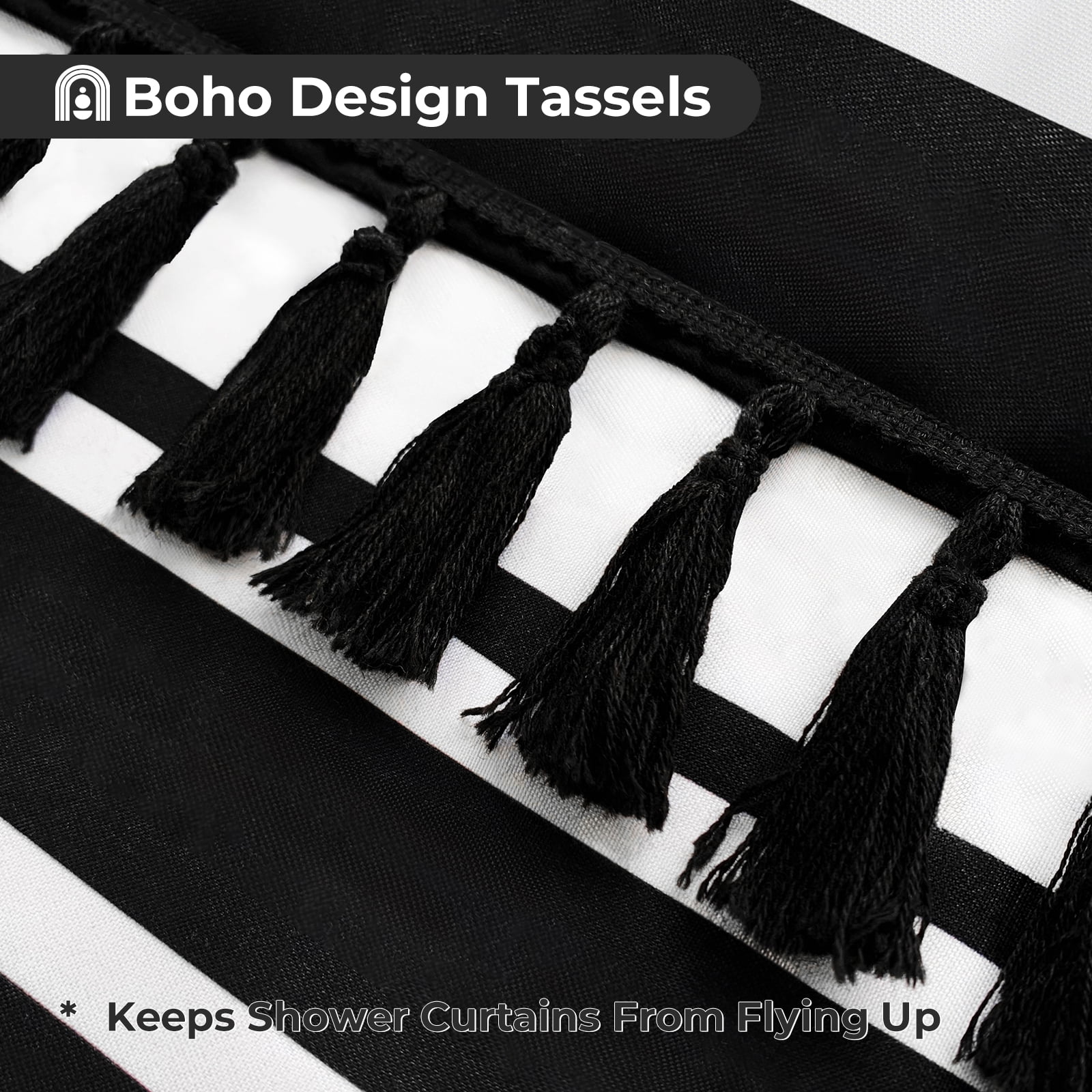 Seasonwood Black and White Shower Curtain Striped with Tassel Modern Bathroom Curtains, Fabric, Waterproof 72x72 inch