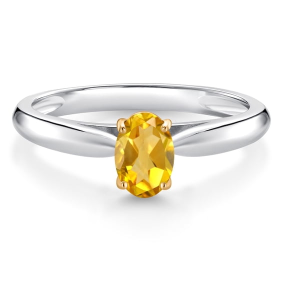 Gem Stone King 0.45 Ct Oval Yellow Citrine 925 Silver and 10K Yellow Gold Solitaire Engagement Ring (Size 9)