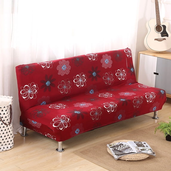 Armless Sofa Bed Cover Stretch Spandex Sofa Bed Slipcover Folding Couch Sofa Futon Cover Without Armrests Furniture Protector for Living Room Pets (Floral,Red)