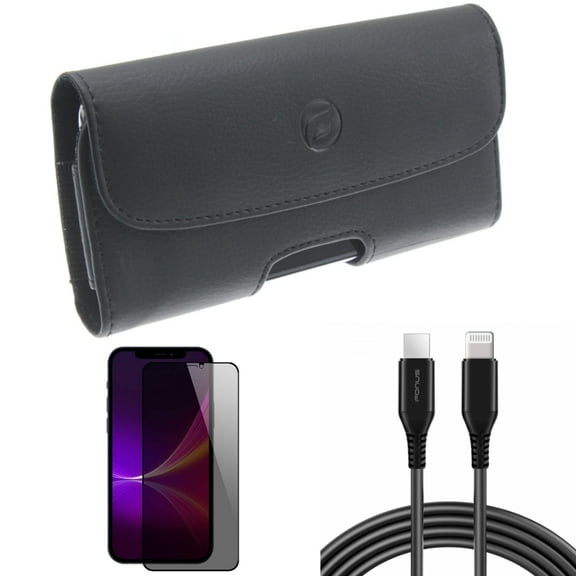 10ft PD Cable & Case Belt Clip & Privacy Screen Protector for iPhone 13 Pro Max ONLY - USB-C Fast Charger Long   Leather Holster Cover   Tempered Glass Curved Anti-Spy Combo