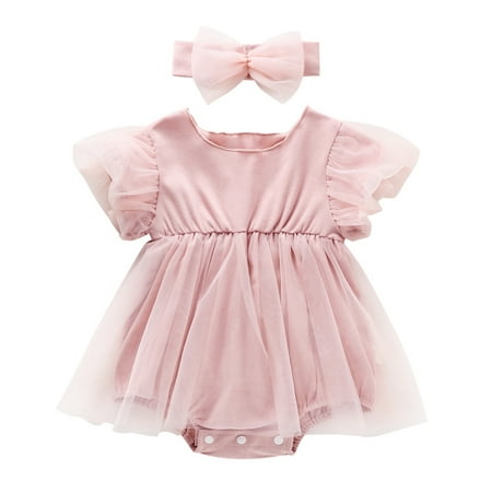 

Baby Girl Clothes Short Ruffled Sleeve Solid Tulle Dress Romper With Headbands 2PCS Toddler Outfit