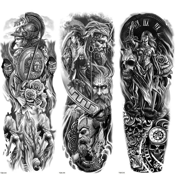 (TQB242-248-253) 3 uds pegatinas tatuaje brazo serie personajes Warrior God of War 170*480mm pegatinas tatuaje corporal unisex