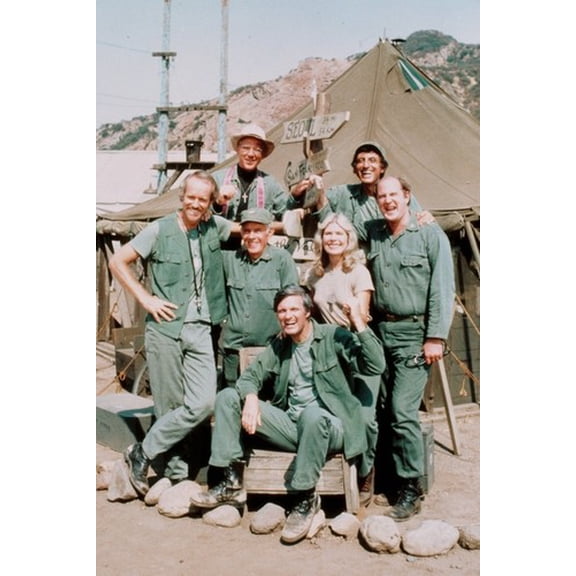 MASH 24x36 Poster Alan Alda Loretta Swit & cast pose beside tents in camp