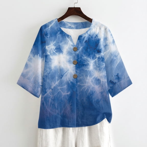 Tutolipy Blue Tie Dye Print Button Down Casual Summer Top, Stylish Linen-Like Women Short Sleeve shirts for Vacation Tropical Vacation Beach, Size 5X-Large
