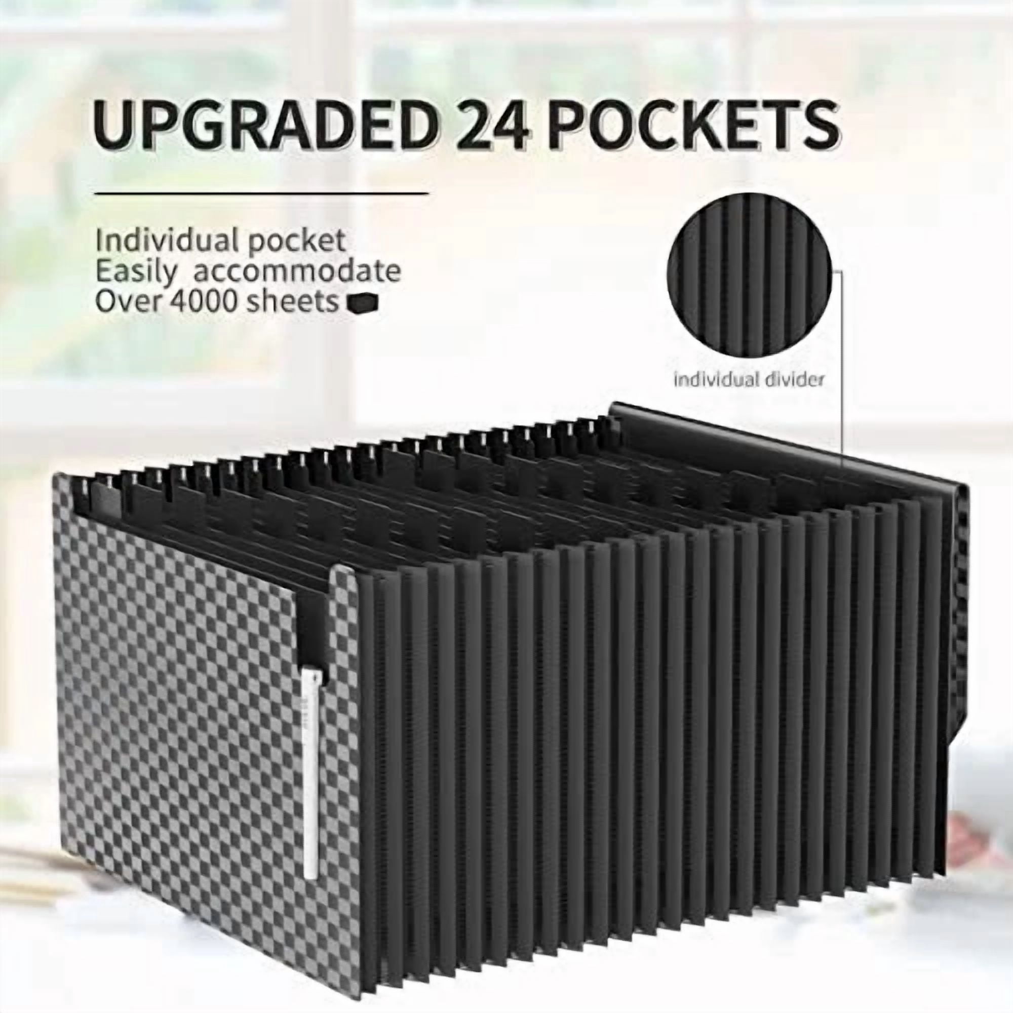 Expanding File Folders Accordian Organizer With 24 Grid Black